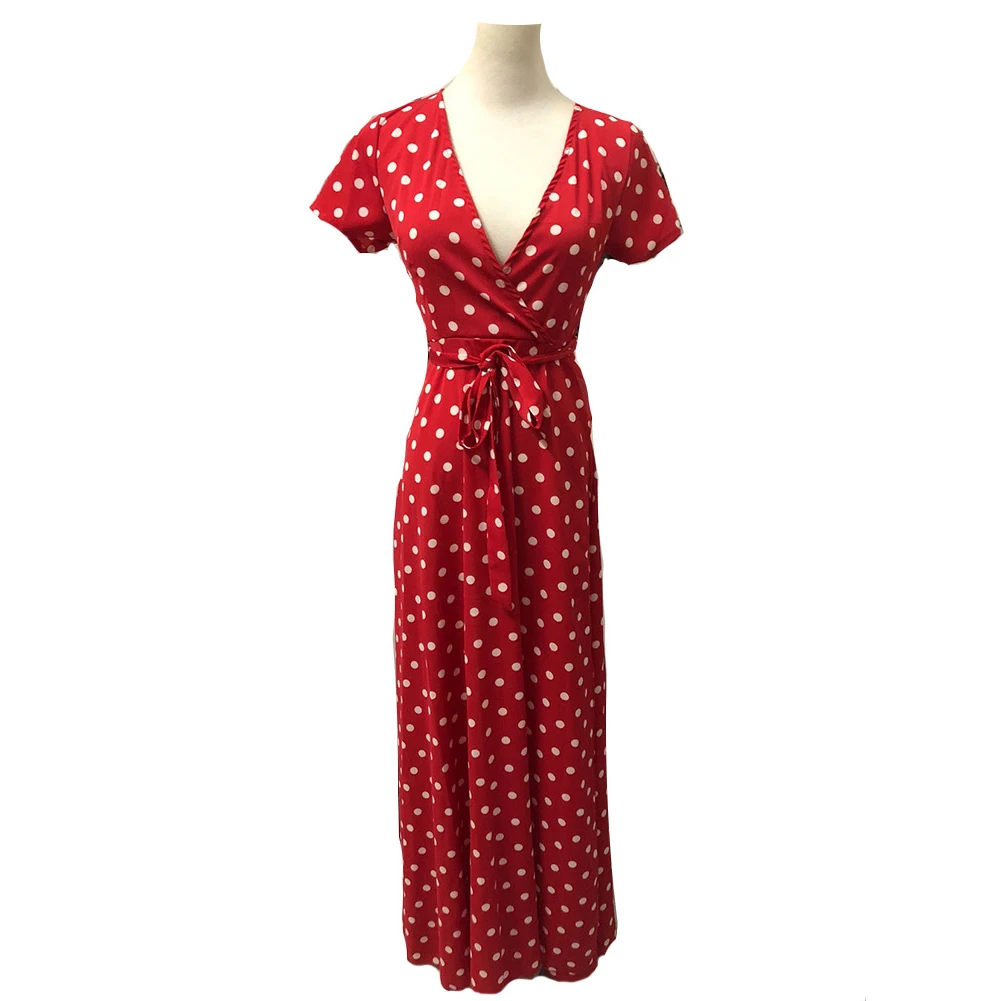 

Women Short Sleeve Polka Dot Summer Maxi Ladies Deep V-neck Fabala Holiday