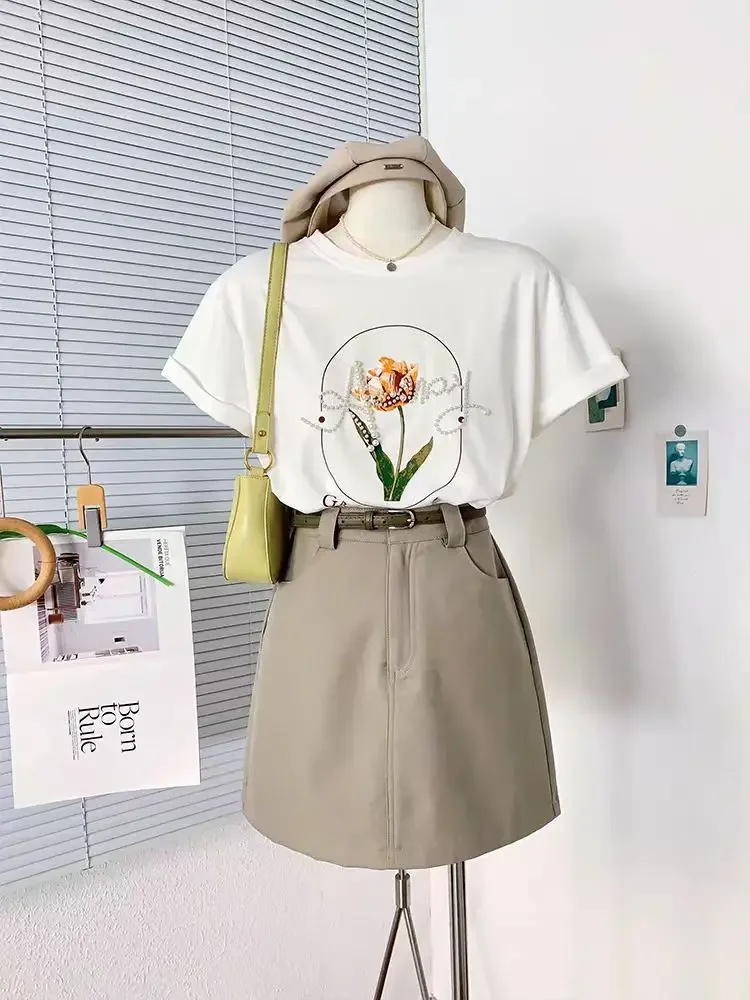 Новая летняя сверхпрочная футболка с жемчужным тюльпаном и круглым вырезом