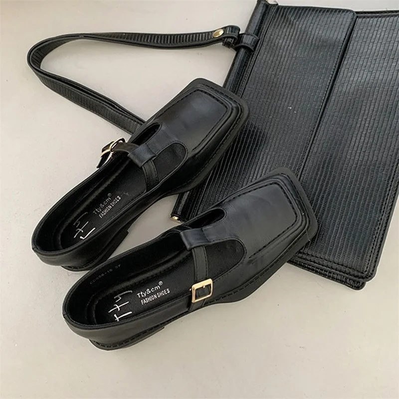 2022British style single shoes women's flat white leather shoes spring and summer buckle tower retro square head Mary Jane shoes