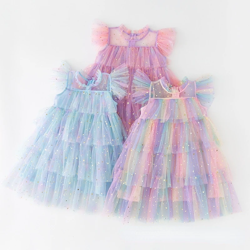 

Rainbow Star Sequined Cake Dress Girls Tulle Super Fairy Princess Dresses Fly Sleeve Children Mesh Puffy Birthday Party Vestidos