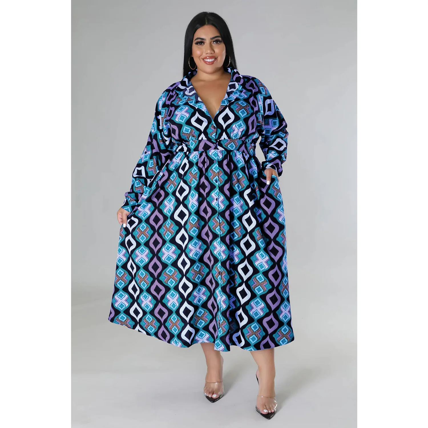 2022 Autumn Women Plus Size Clothing Long Sleeve Fashion Print Maxi Dresses Casual Lapel Button Long Dress
