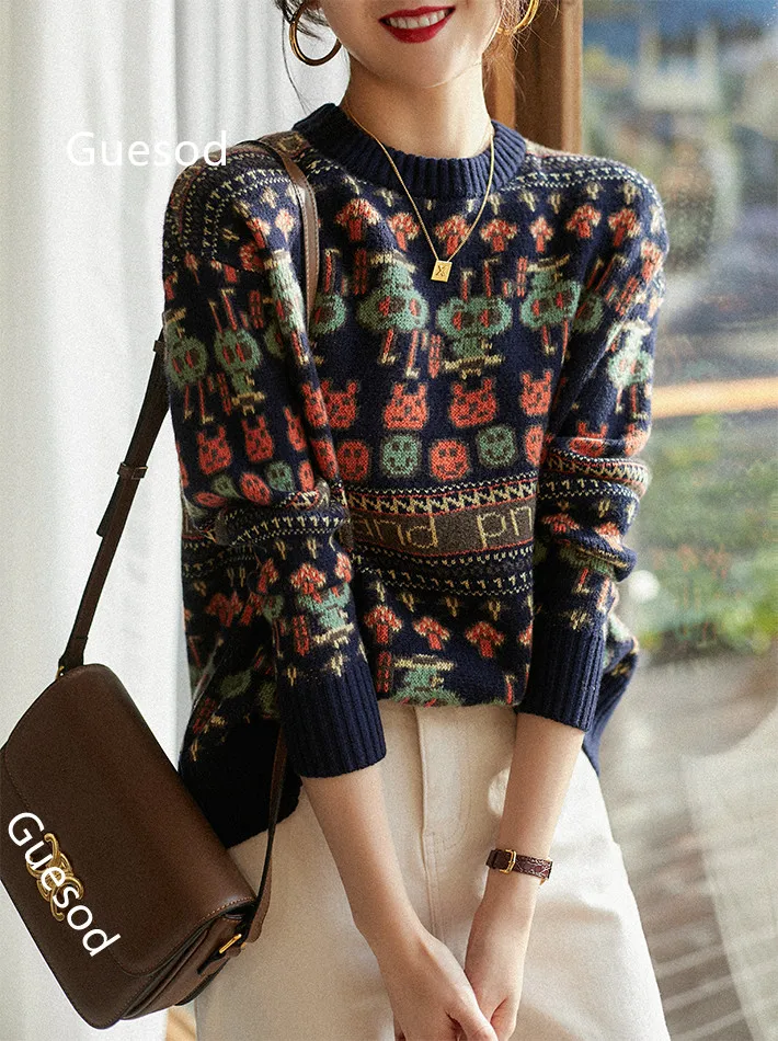 

Women Wool Cashmere Sweater Art Contrast Color Pop O-Neck Wool Cashmere Knitting Sweater New