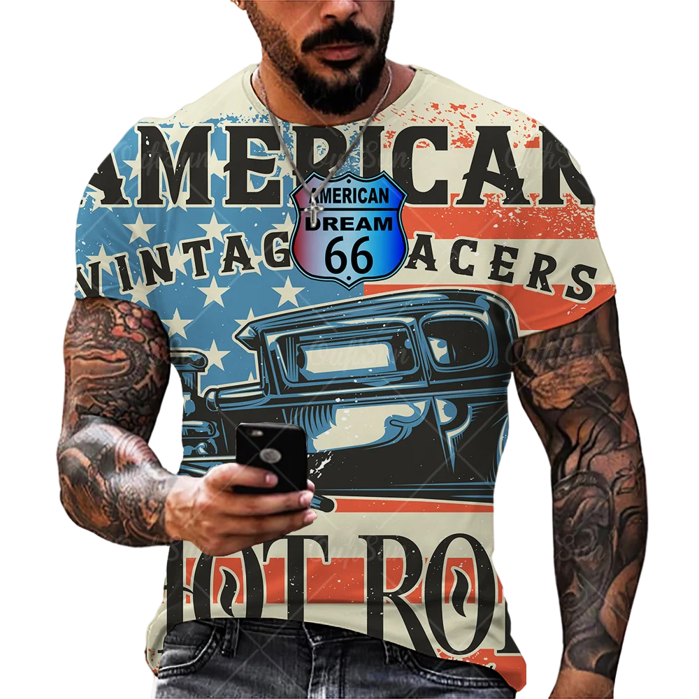 

2021 Spring Autumn Men's Short Sleeve T-shirt American Flag Route 66 Letter Print Loose Retro Oversized Shirt