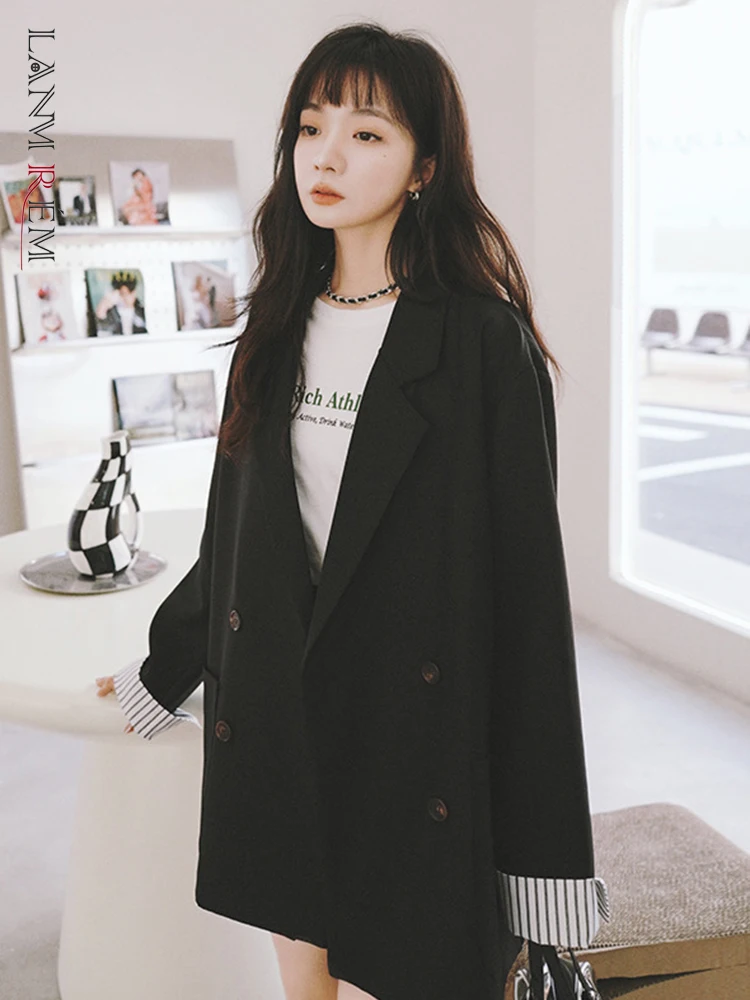 

LANMREM Blazer For Women Lapel Double Breasted Solid Color Long Sleeve Pockets Blazers Casual Loose Coats Female Clothes 2X162