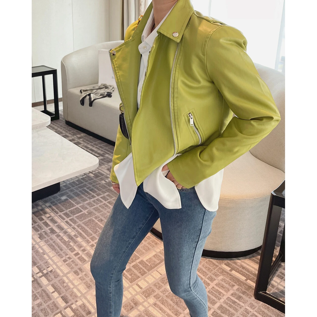 2023 Woman Green Moto Biker Zipper Faux Pu Leather Jackets Blazers Trench Coats Y2k Clothes Raincoats Overcoat Spring Za Stylish