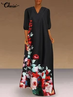 summer casual loose v neck maxi dress celmia 34 sleeve women a line long vestidos holiday vintage floral printed long robes
