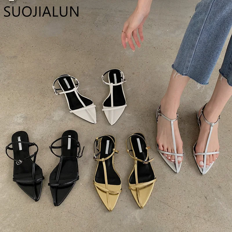 

2023 New Brand Women Sandal Fashion Narrow Band Flat Heel Ladies Gladiator Shoes Pointed Toe Ankle Buckle Zapatos Muje