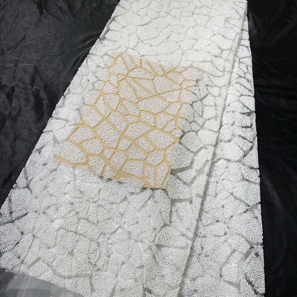 

2022 Latest Heavy Rock Block Glued Beads on Mesh White Bridal Lace Fabric Wedding Dresses Tulle Sewing Material for Evening Gown