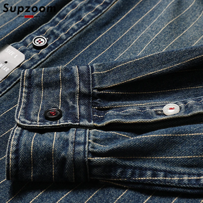 Мужская джинсовая рубашка в полоску Supzoom Повседневная с отложным воротником и
