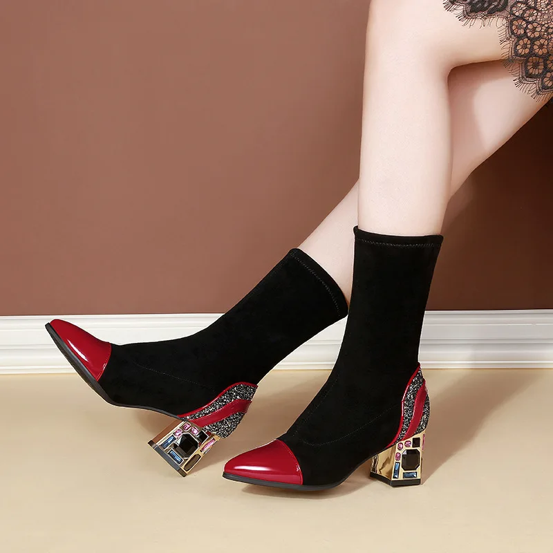 

Fashion Short Boots Women Office Shoes Autumn Winter Pointed-toe 7cm High Heels Thick Heel Female Elastic Boots Mid-Calf Boots