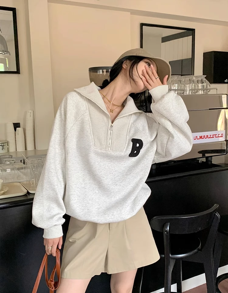 

Lapel Letter Oversize Sweater Women's Autumn New Small Korean Zipper Pullover Top