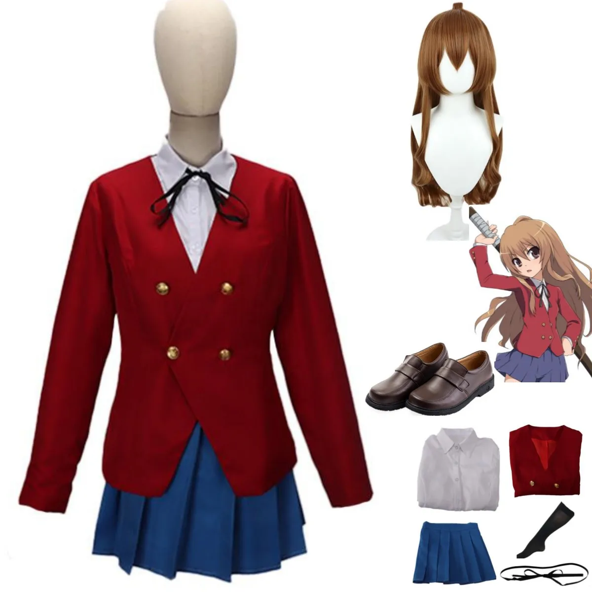 

Anime Tiger×Dragon！Toradora! Aisaka Taiga Cosplay Costume Wig Red JK Uniform Leather Shoes Woman Sexy Kawaii Campus Party Suit