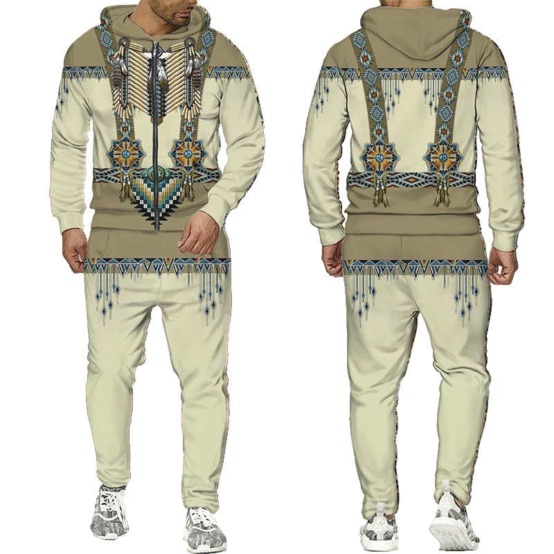 

Amerindian National Print Hoodie Tracksuits Men Women Two Piece Set Indian Style Retro Tops and Pants Casual 2pcs Outfits Cospla