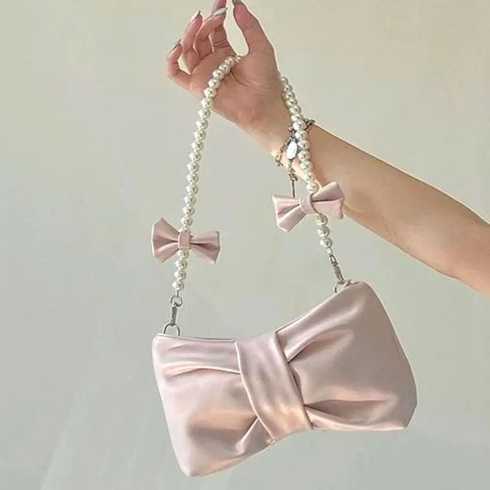 

2022 Pink White Sweet Cute y2k Bow Tie Shape Bags Shoulder Purse Women Mini Bag Handbag Pearl Beading
