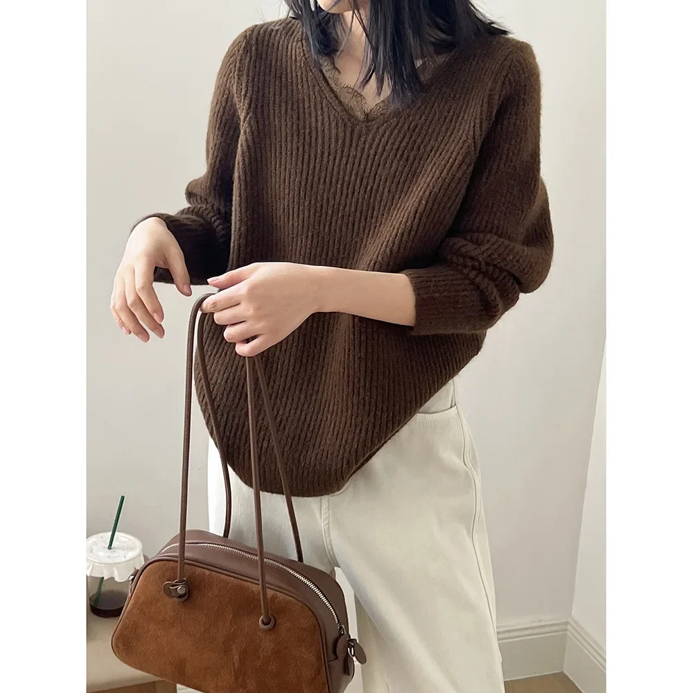 Женская одежда кружевной лоскутный свитер с v-образным вырезом новинка