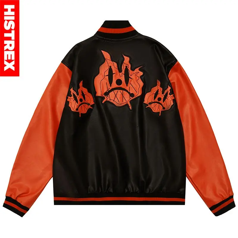 HISTREX 3 Fires Varsity Jacket Men,Fall Winter Patchwork Coat,Harajuku Hip Hop Windbreak,2023 Gothic Outwears Pu Leather Jackets