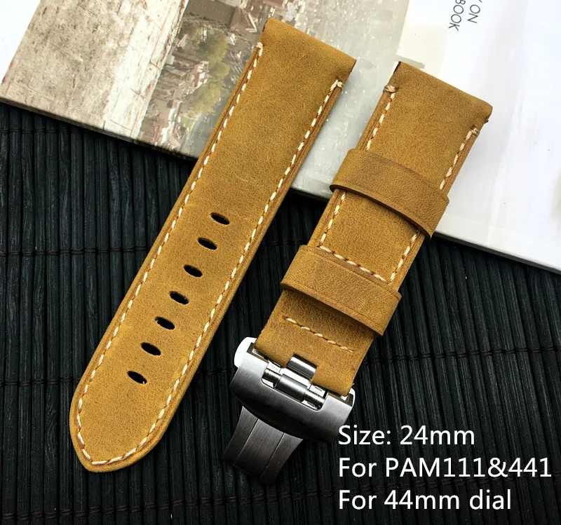 

Ремешок для часов Panerai, винтажный коричневый итальянский Браслет из телячьей кожи 24 мм, ремешок для часов, пряжка-бабочка, ремешок для PAM111/441