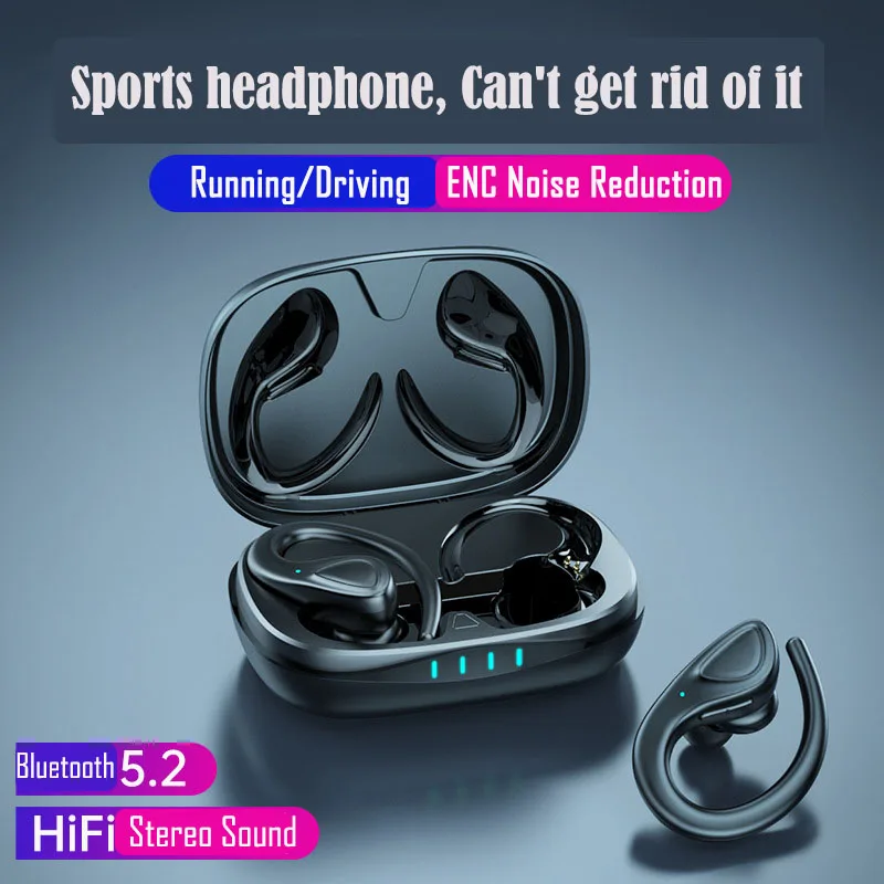 

Bluetooth 5.2 Earphones With Microphones Sport Ear Hook LED Display Wireless Headphones HiFi Stereo Earbuds Waterproof Headsets