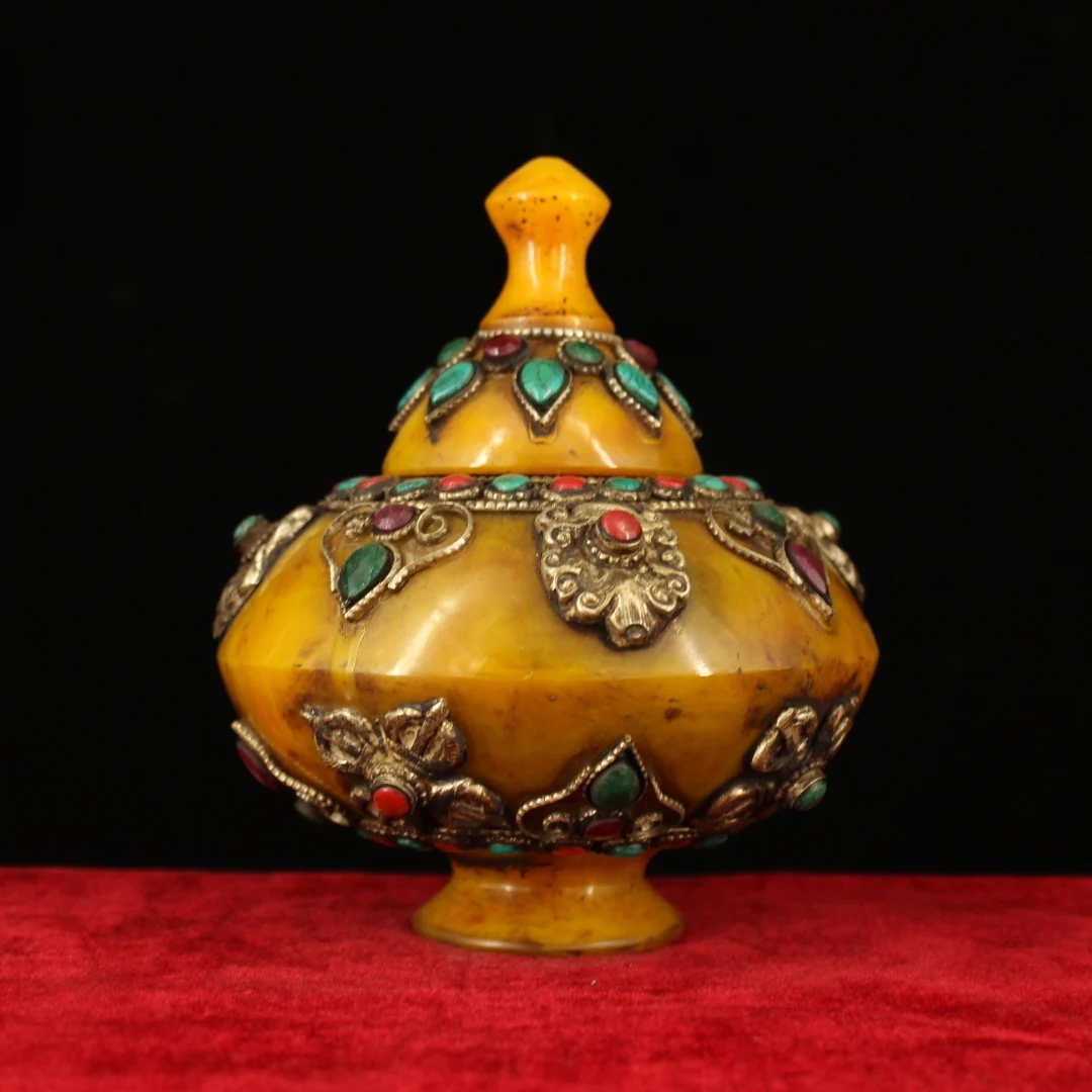 

6" Tibetan Temple Collection beeswax filigree mosaic gem Vajra Treasure Jar Tower relic jar magic weapon Town house Exorcism