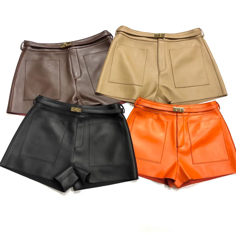 England Style  2022 Genuine Sheepskin Leather Orange Belt Shorts Women Casual Genuine Leather Shorts Versatile
