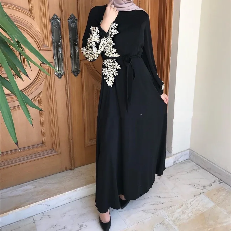 2023 Islamic Clothing Muslim Robe For Women Male Saudi Arab Dubai Bead Work Floral Solid Elegant Long Robe Abaya Cardigan Belt