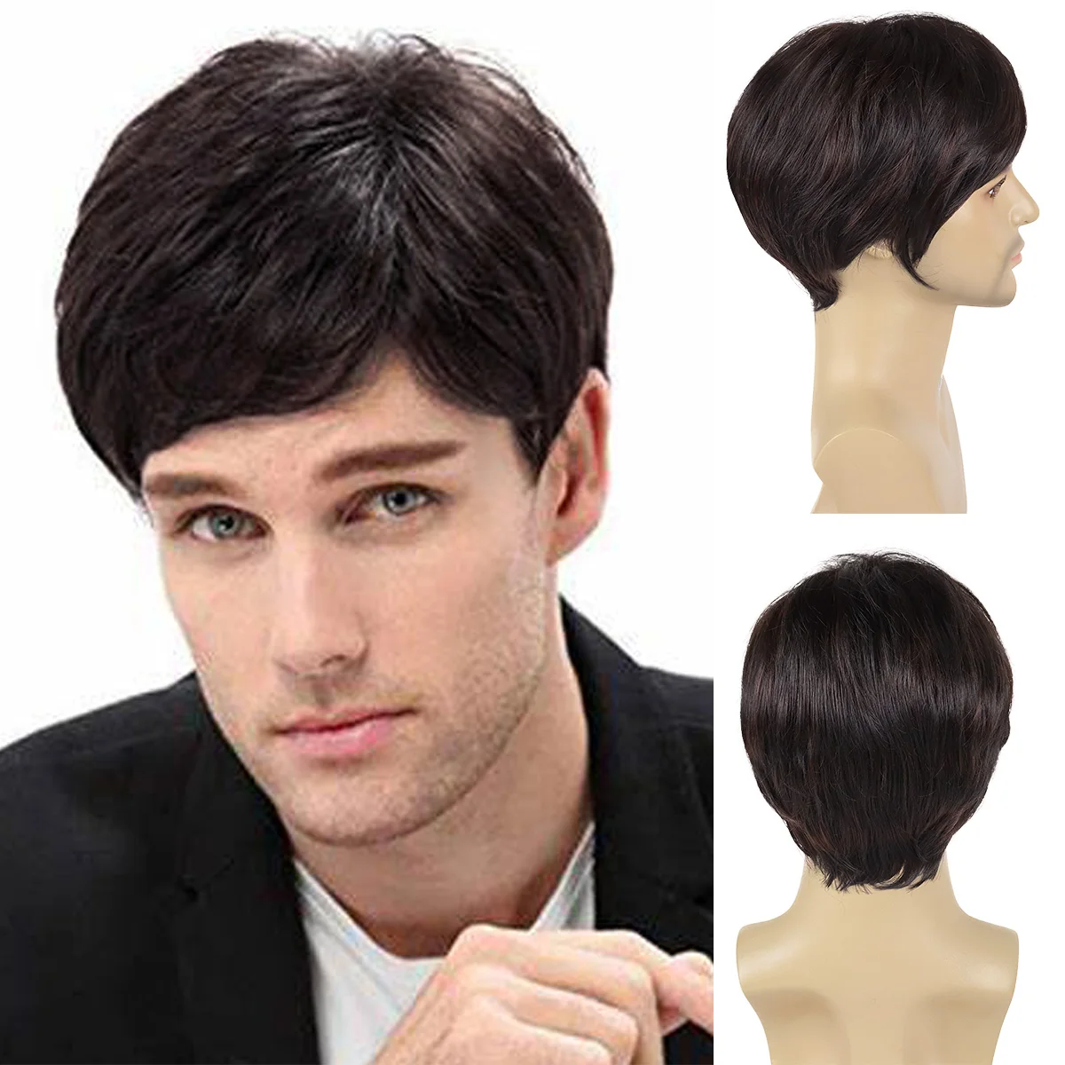 

GNIMEGIL Synthetic Brown Wigs for Men Natural Wigs with Bangs Short Haircuts Heat Resistant Fiber Cosplay Wigs Male Hairstyles