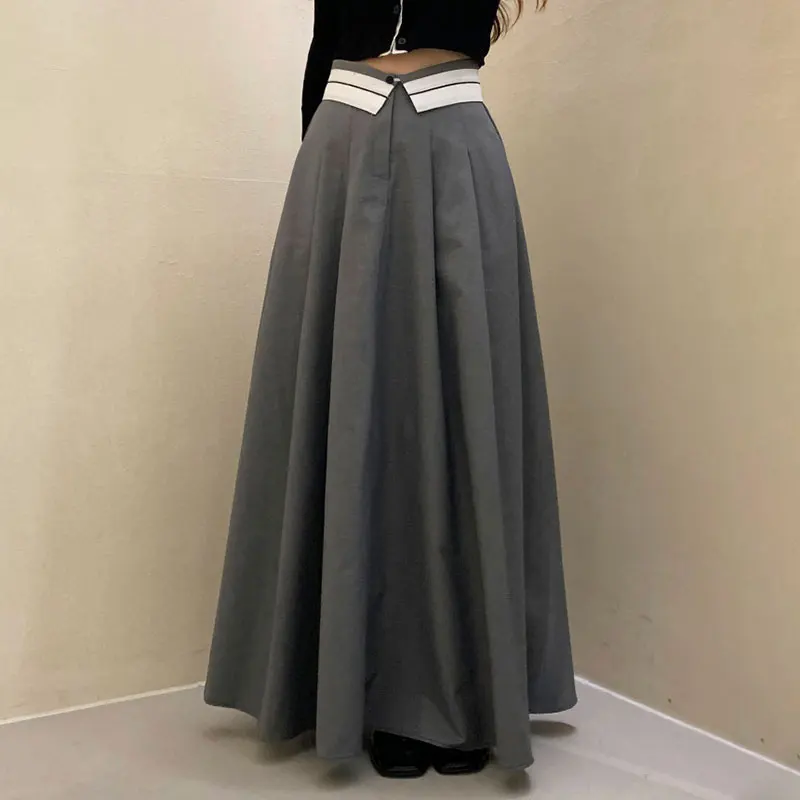 

Clothland Women Fashion TR Fabric Skirt Patchwork A Line Grey Black French Style Mid Calf Fashion Vadim Skirts Mujer BA203