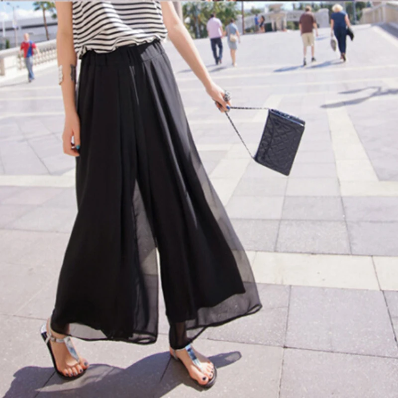 

Summer Women Wide Leg Pants Fashion High Waist Elegant Skirt Pants Female Pink Black Chiffon Loose Dance Pants