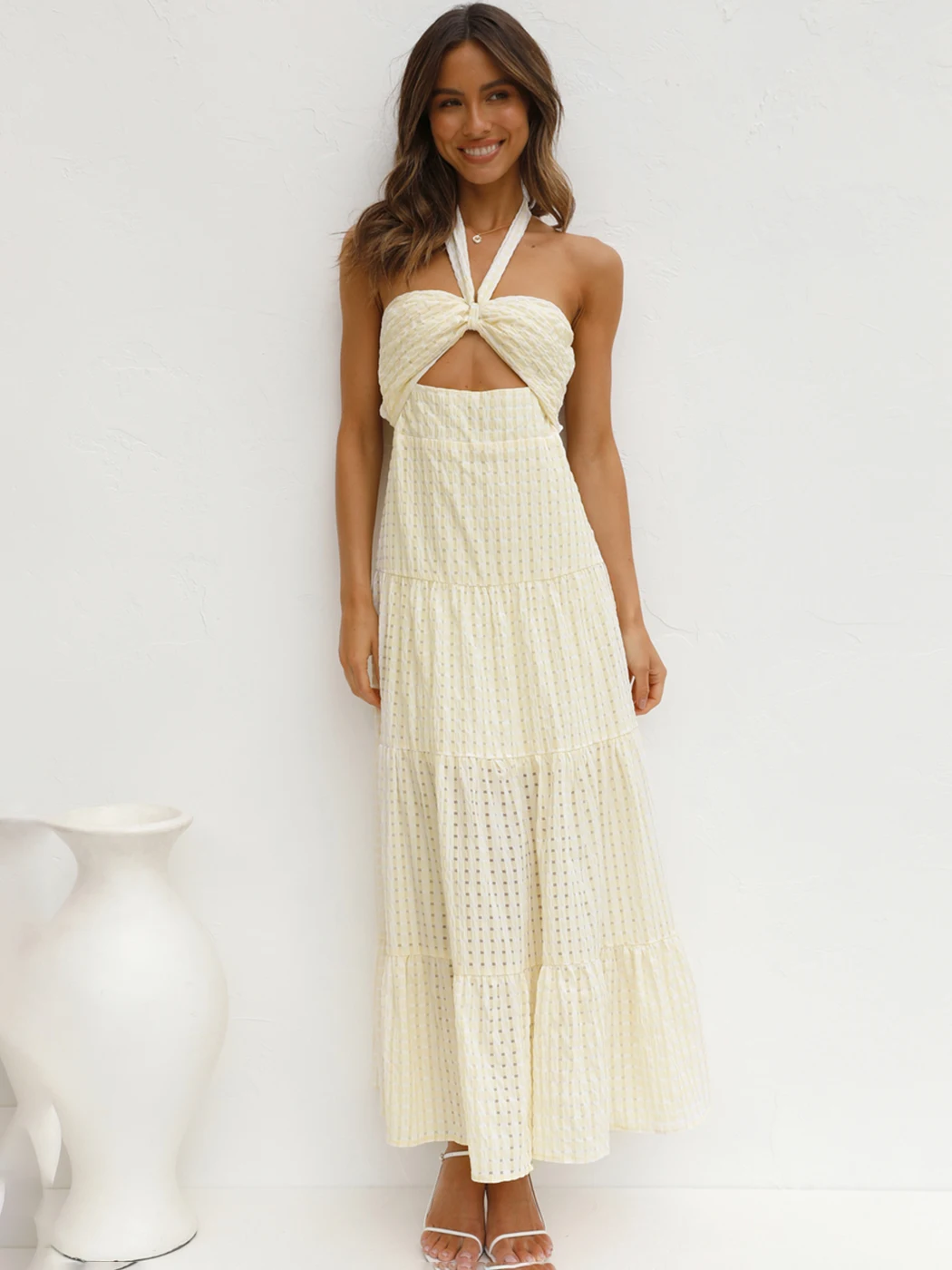 

Jastie Boho Eugenger Halter Maxi Dress Women Lace-up Hollow Sleeveless High Waist Sexy Vestidos Loose Hem Beach Casual Dreses