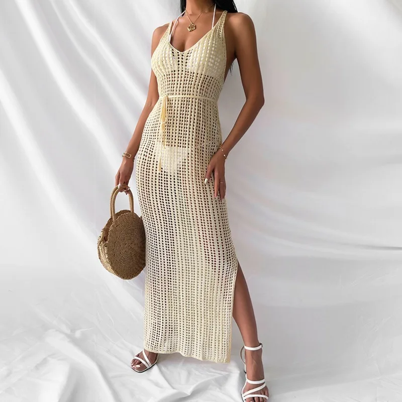 

Casual Solid Color Knited Hollow Out Dress 2023 Women's New Sweater Beach Dress Women's Spaghetti Straps V-neck Sleeveless Dress