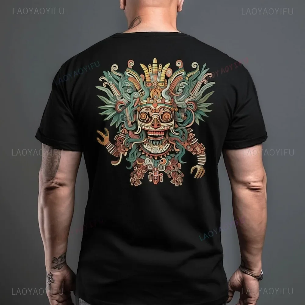 Фото Мужская хлопковая футболка Mictlantecutli God of Death с принтом на спине. Футболка Heritage Lord of The Mictlan, ацтекские топы №1