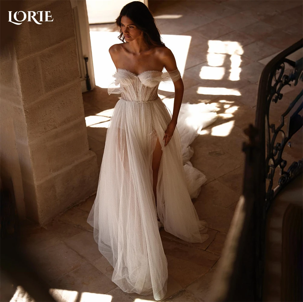 

LORIE богемные тюлевые свадебные платья в горошек с короткой подкладкой с открытыми плечами А-силуэт Свадебные платья с глубоким вырезом на спине со шнуровкой сзади