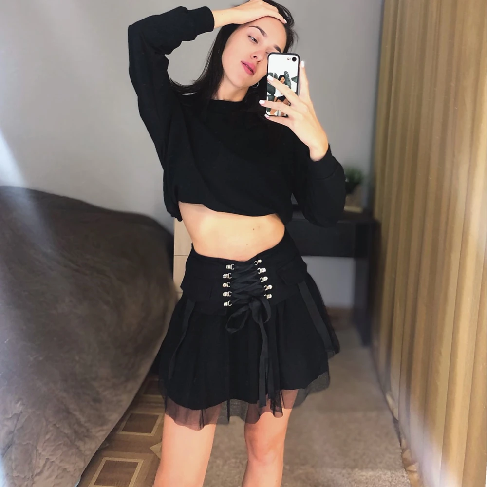 

Gothic Skirt Vintage Dark Straps Female Punk Style Harajuku mesh Summer Streetwear Black Sexy High Waist A-Line Party Skirt