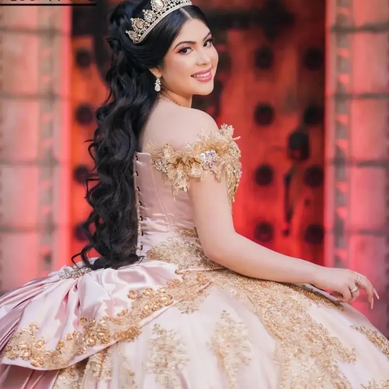 Розовое золото с открытыми плечами платья Quinceanera бальное платье без рукавов