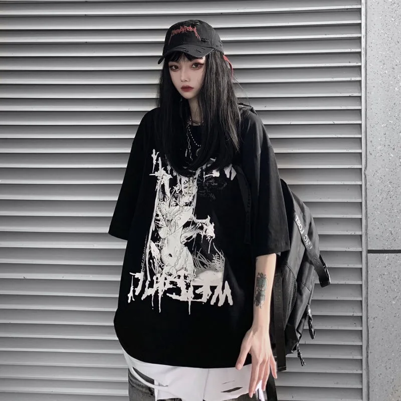 

Emo Anime Goth Oversized Tshirt Women Punk Harajuku Summer Top Dark Aesthetic Fairy Grunge Alt Plus Size Short Sleeve Clothes