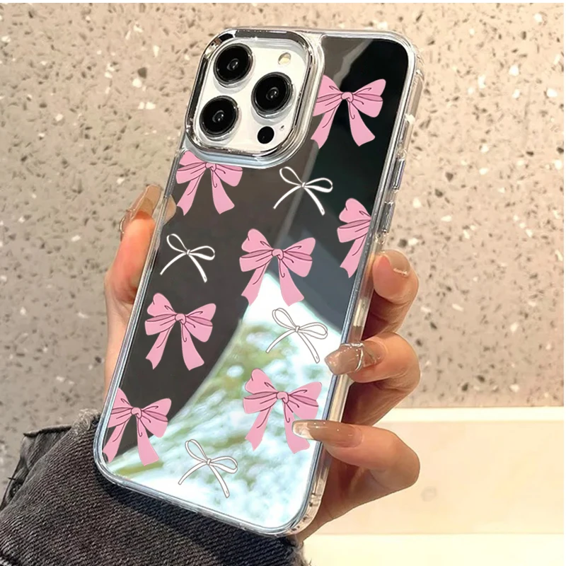 Фото Милый розово-черный чехол-зеркало с бантом для iPhone 17 16 Pro Max 15 14 Plus 11 12 13 Pro Max 16E, противоударный прозрачный чехол №5