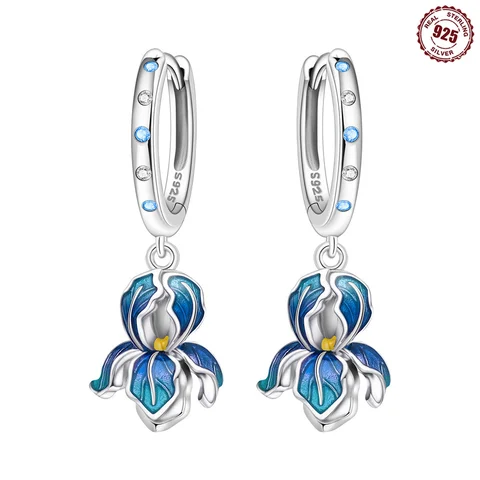 Серебряные серьги-цепочки с фиолетовым цветочком