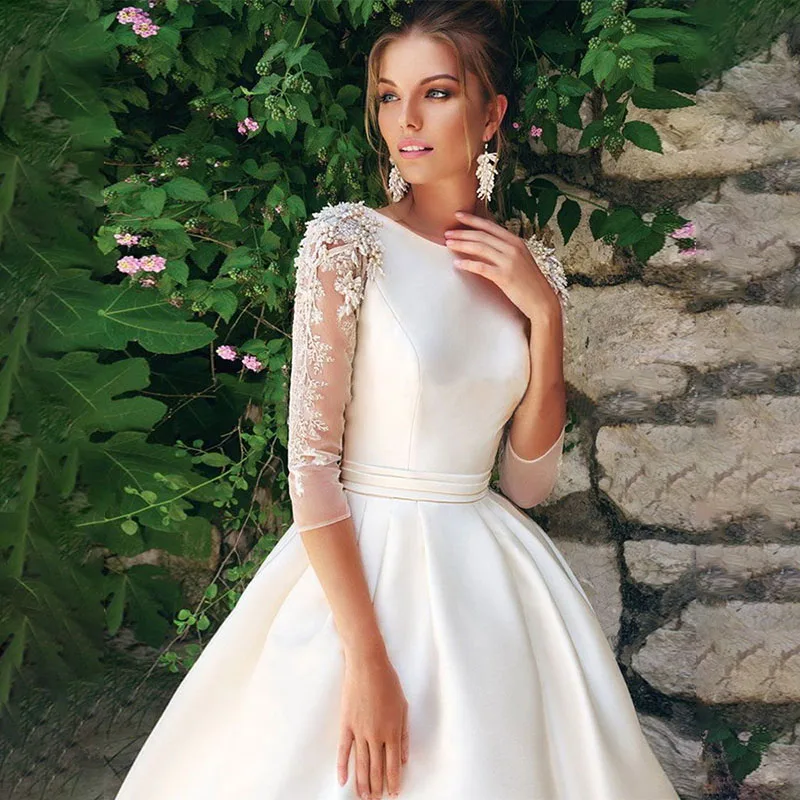 

O-neck 3/4 Sleeves Beading Applique Satin A-line Wedding Dress with Pleat Belt Sweep Train Lace-up High Quality Bridal Dresses