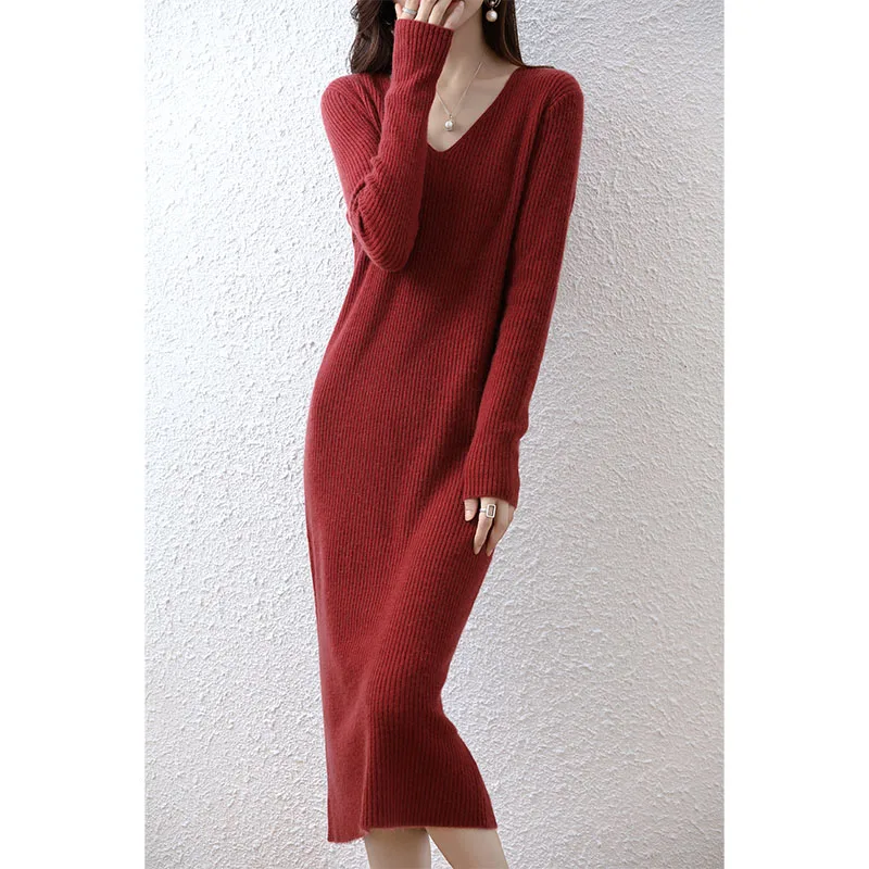 Купи Autumn and Winter New Women's V-neck 100% Pure Wool Knitted Dress Stripe Long Over Knee Wool Dress Slim Pullover Skirt за 2,909 рублей в магазине AliExpress