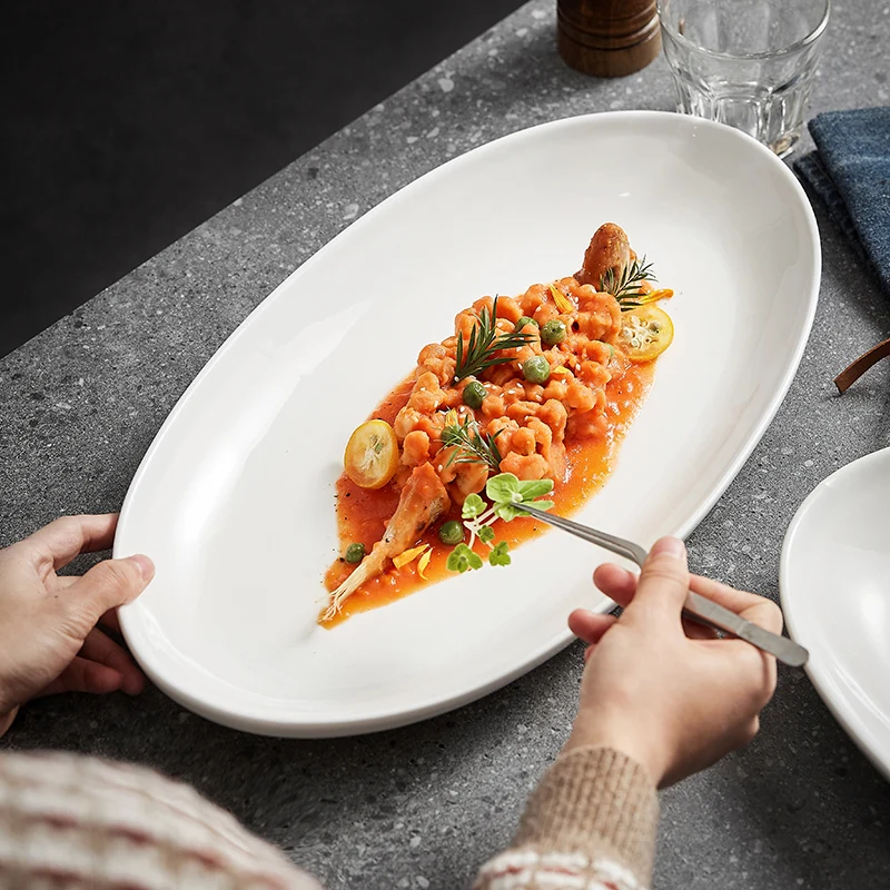 

European-style White Porcelain Hotel Restaurant Dinner Plate Kitchen Fish Plate Household Tableware Large Barbecue Cooking Dish