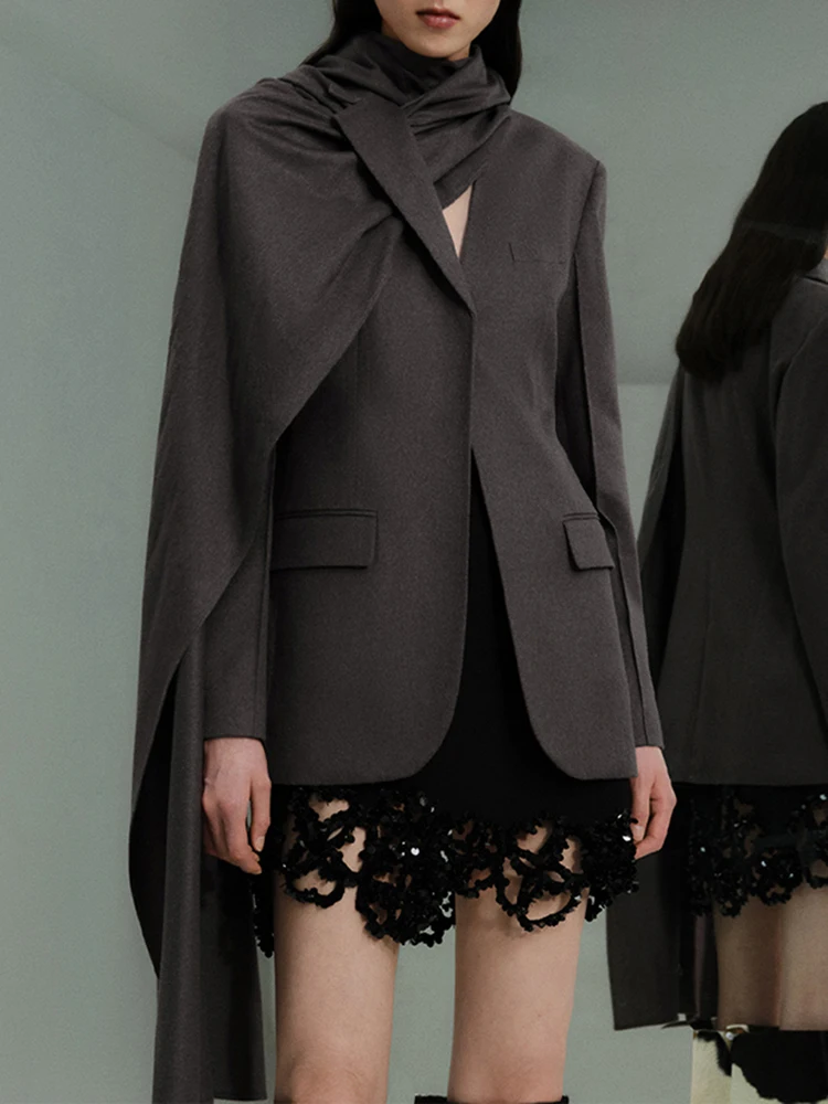 IEQJ однотонные лоскутные блейзеры с нерегулярным шарфом и воротником для женщин