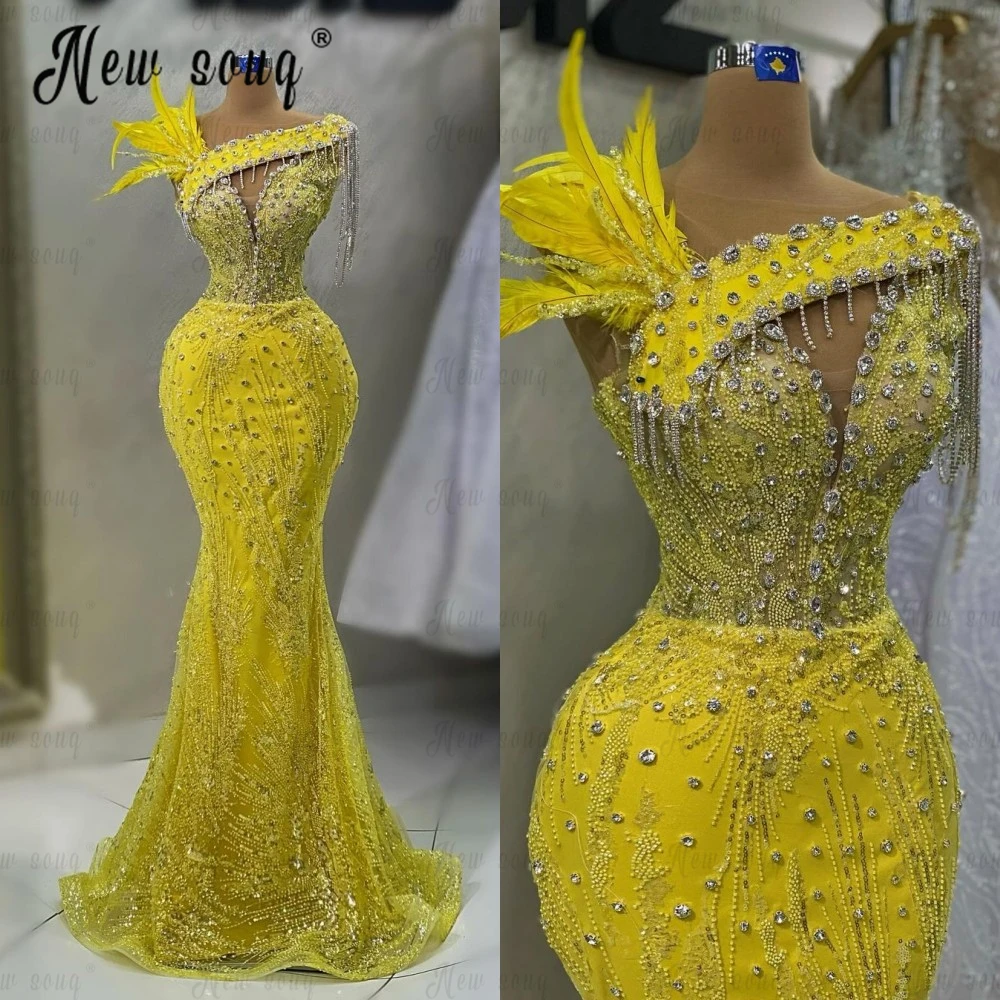 

Блестящее вечернее платье с желтыми перьями на бретельках с бусинами и кисточками, платье для официальной вечеринки, арабские платья для особых случаев на заказ