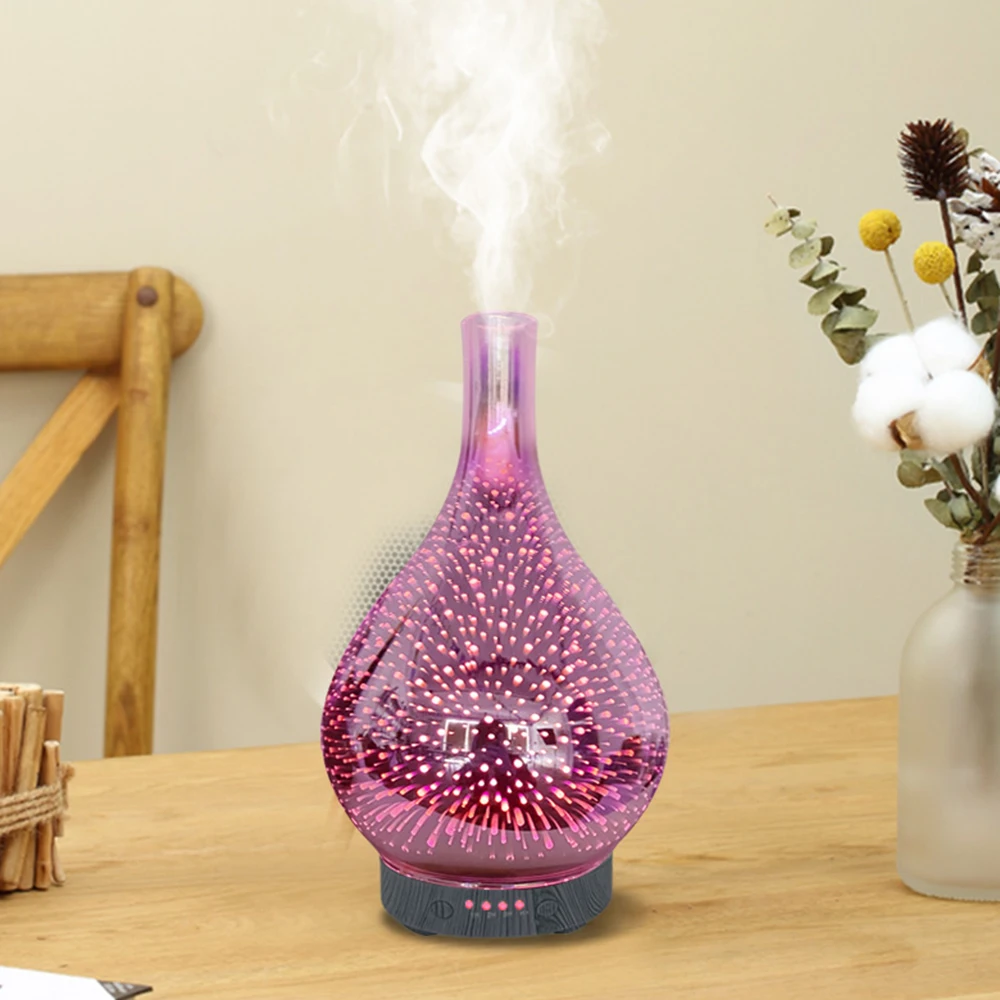 

3D Fireworks Glass Usb Vase Humidifier with 7 Color Led Night Light Aroma Essential Oil Diffuser Cool Mist Maker for Home Office