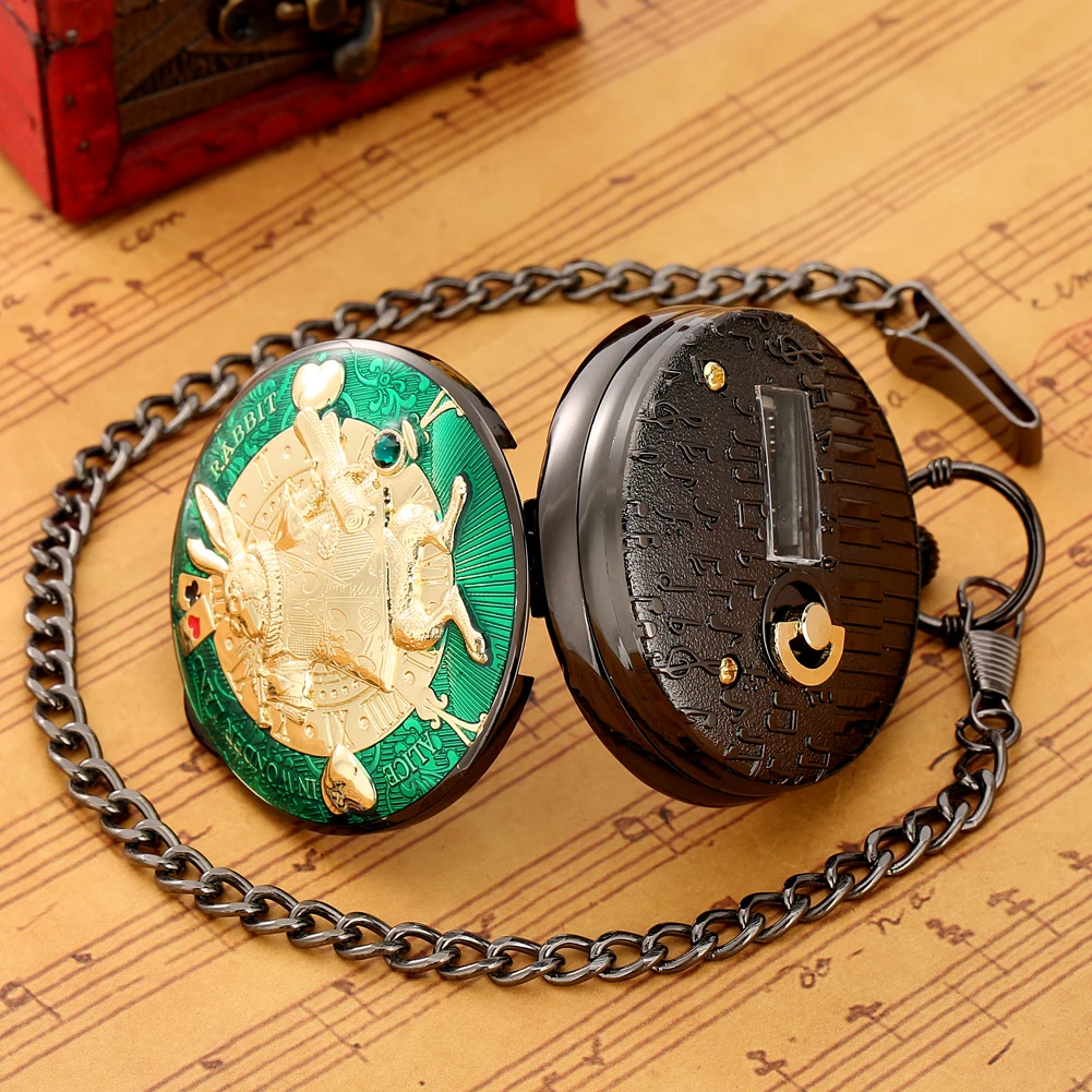 Lovely Rabbit Music Pocket Watch Gift for Women Blue/Green/Red Quartz Musical Pendant Clock Couple Bunny Watches montre de poche