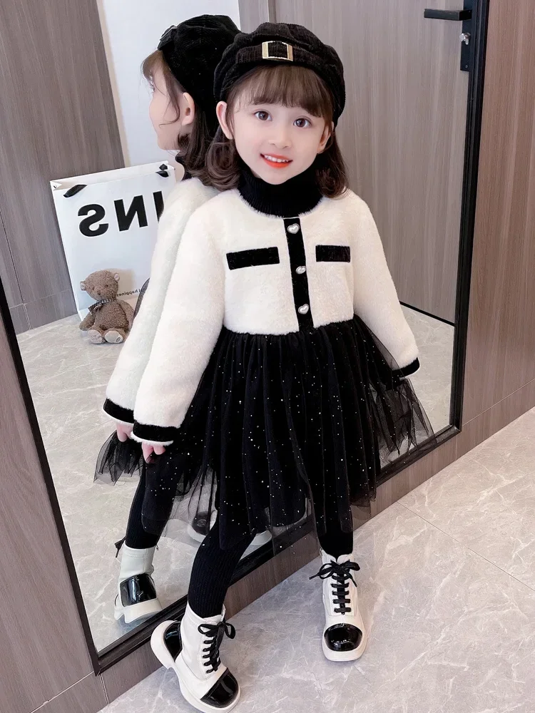 

Платье для девочек, осенне-зимняя юбка, новинка 2023, модное бархатное многослойное платье, детское милое утепленное платье в китайском стиле для маленьких девочек