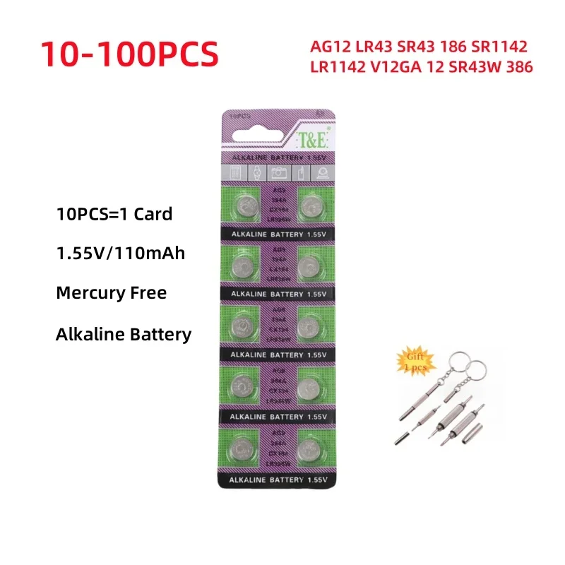 10-100 шт. аккумулятор AG12 LR43 SR43 186 386 LR1142 V12GA 12 SR43W SR1142 батарейки-таблетки для часов