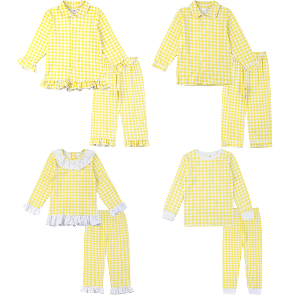 

95% Cotton Boys And Girls Two Piece Long Set Lemon Frill Checked Kids Clothing Easter Pyjamas