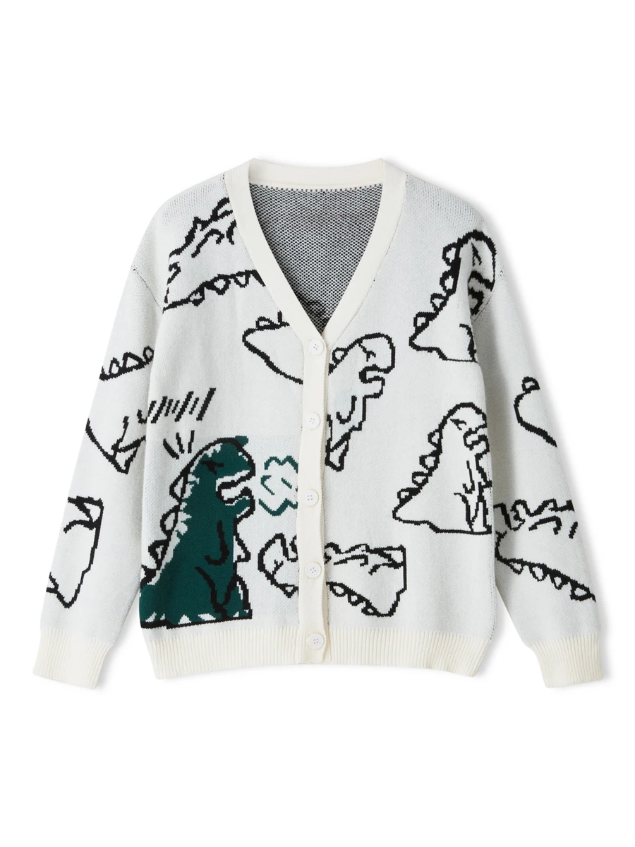 

Women Knitted Cardigan Sweater Cartoon Dinosaur Print Long Sleeve Button Down Knitwear