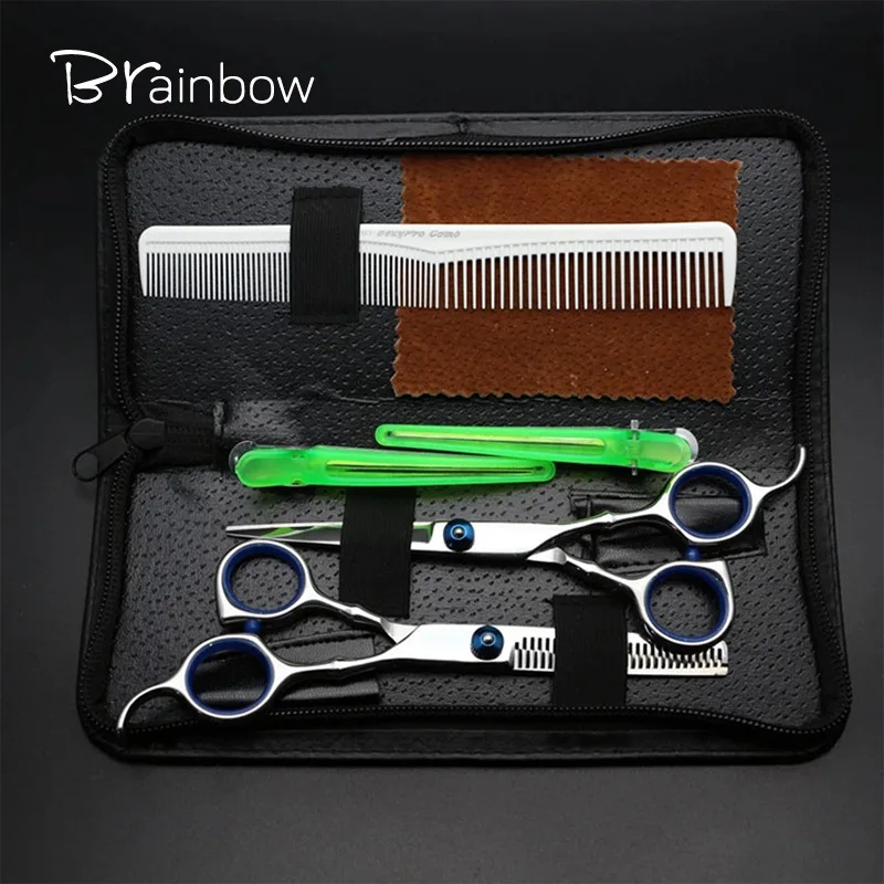 Brainbow-Juego de tijeras profesionales para peluquería, tijeras de corte y adelgazamiento para peluquero, con peine, horquilla y funda de PU, 6,0 pulgadas