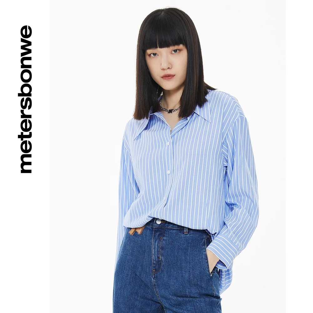 Metersbonwe Stripe Blouses Women Autumn White Loose Casual Cotton Shirt Loose Leisure Tops Sunscreen Shirts Brand Tops